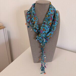 Traditional Turkish Oya Neck Turquoise Scarf Bead & Needle Lace on Lawn Cotton